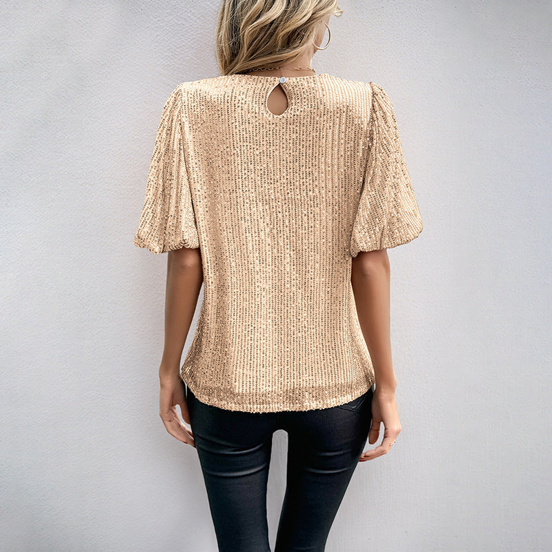T-shirt da donna in paillettes con maniche a campana - vestibilità ampia e scollatura rotonda, ideale per le feste