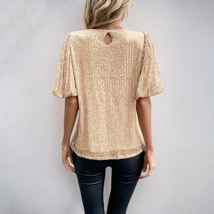 T-shirt da donna in paillettes con maniche a campana - vestibilità ampia e scollatura rotonda, ideale per le feste