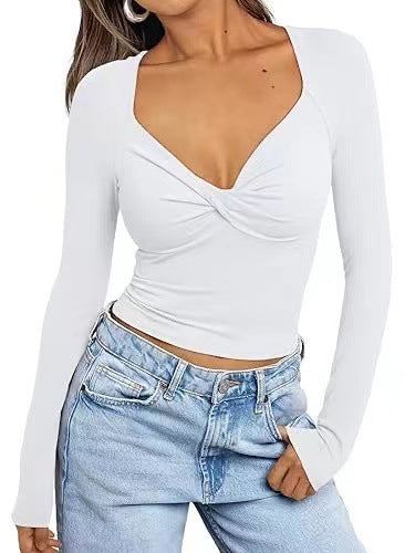 T-shirt da donna alla moda con scollo a V e maniche lunghe - vestibilità aderente e slim fit, twist frontale alla moda e cotone elasticizzato per il massimo comfort