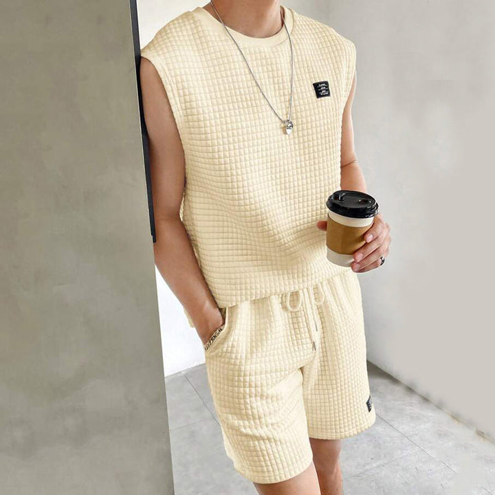 Set da uomo in maille gaufrée - Comodo top e pantaloncini senza maniche per tutti i giorni