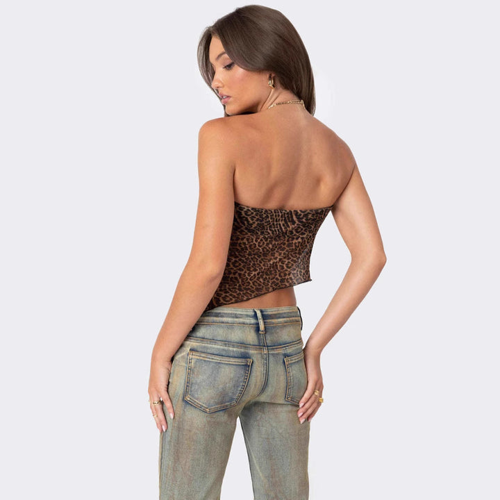 Top da donna con stampa animalier, regolazione a soffitto, senza tiranti e collo asimmetrico per un look elegante