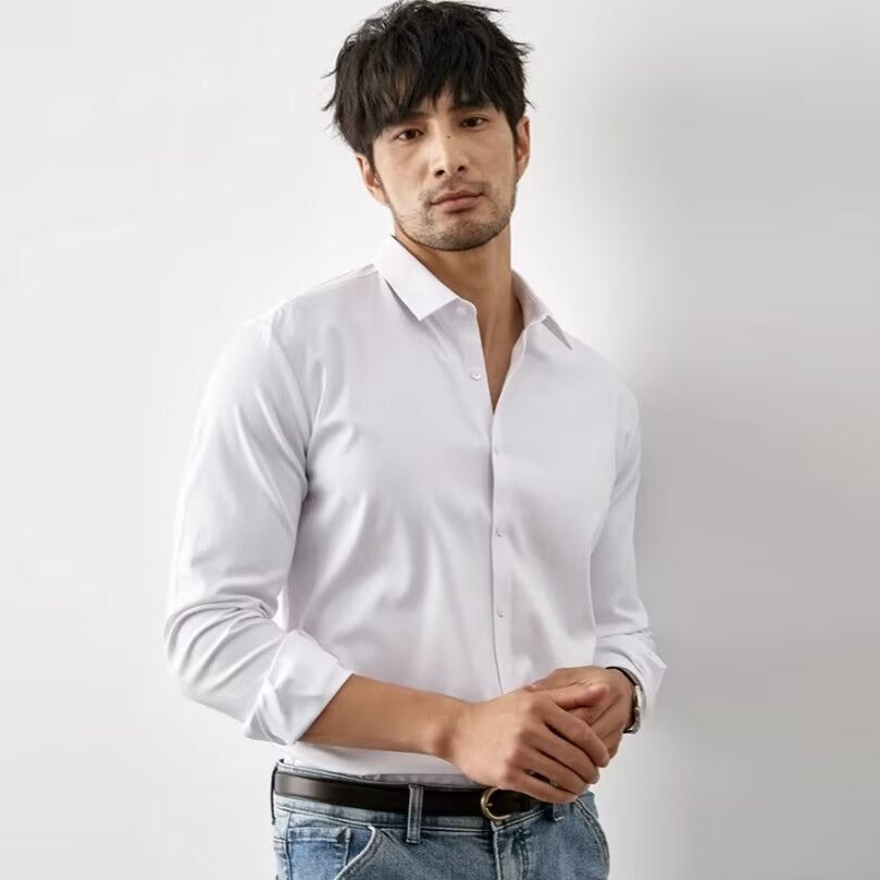 Elegante camicia da uomo Coupe Slim con texture in soia sintetica e maniche lunghe con bottoni - ideale per il business casual
