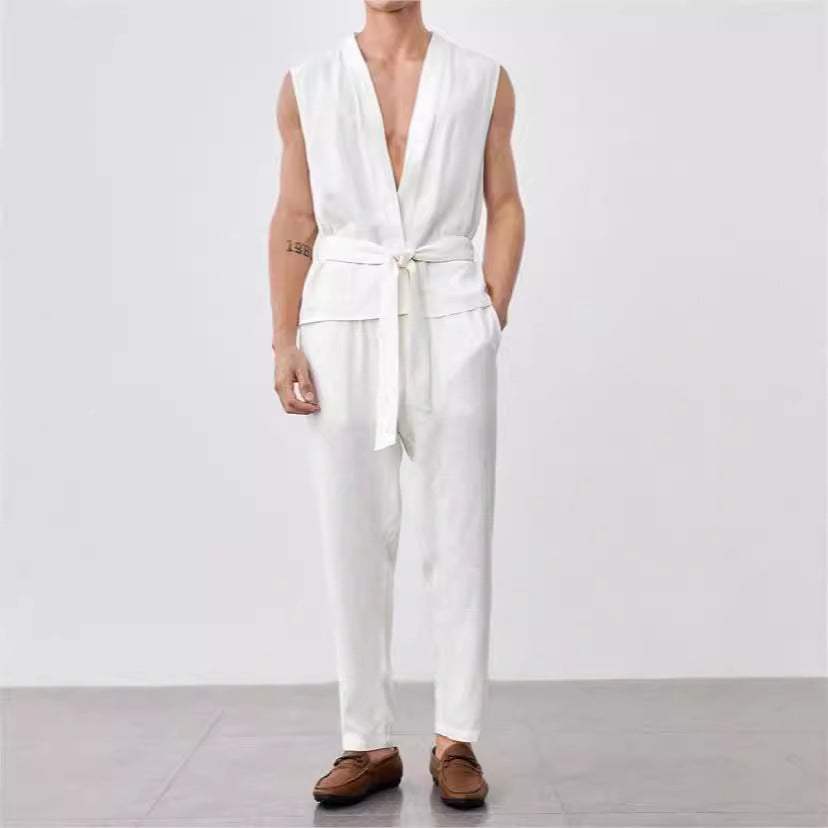 Set completo da uomo: gilet e pantaloni leggeri in tessuto Coton Léger di alta qualità con elegante top senza maniche e confortevole fodera interna