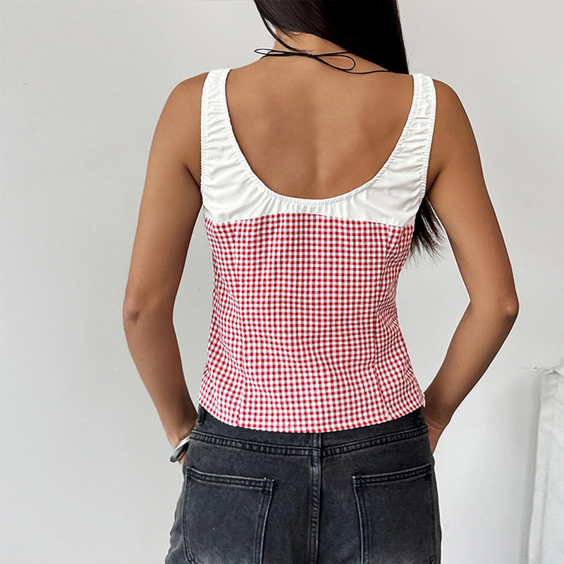 Débardeur femme en coton mélangé ultra confortable avec coupe slim, col en scoop chic, motif vichy tendance et taille courte pour un style irrésistible