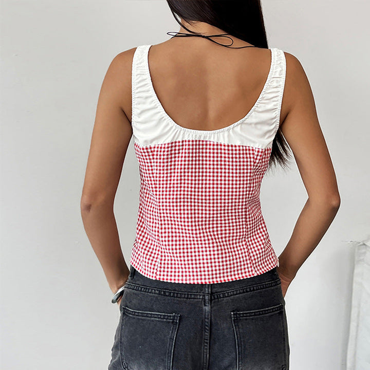 Débardeur femme en coton mélangé ultra confortable avec coupe slim, col en scoop chic, motif vichy tendance et taille courte pour un style irrésistible