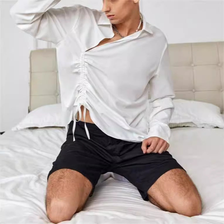 Elegante t-shirt da uomo a maniche lunghe con scollo a punta - attraente allacciatura frontale e morbido cotone melange a maglia grossa