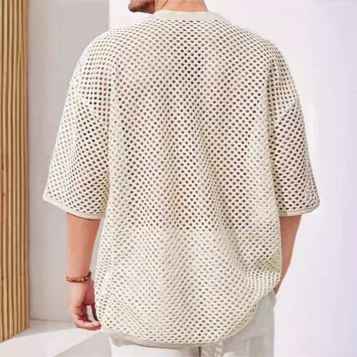 T-shirt da uomo in mesh traspirante con maniche trasparenti, accenti di pizzo sul petto e vestibilità comoda e ampia.