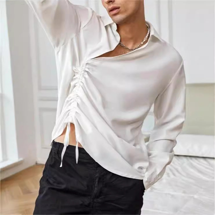 Elegante t-shirt da uomo a maniche lunghe con scollo a punta - attraente allacciatura frontale e morbido cotone melange a maglia grossa
