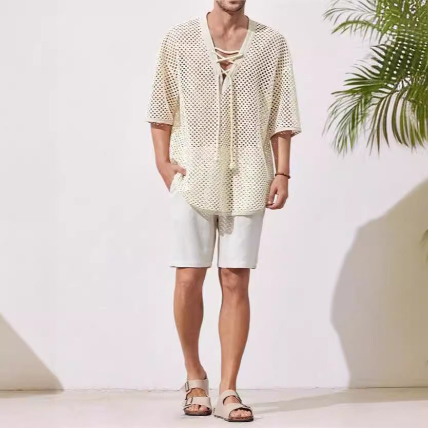 T-shirt da uomo in mesh traspirante con maniche trasparenti, accenti di pizzo sul petto e vestibilità comoda e ampia.