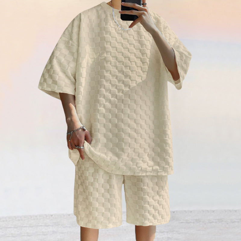 Set da uomo in elegante maglia jacquard: ampia camicia e comodi pantaloncini larghi