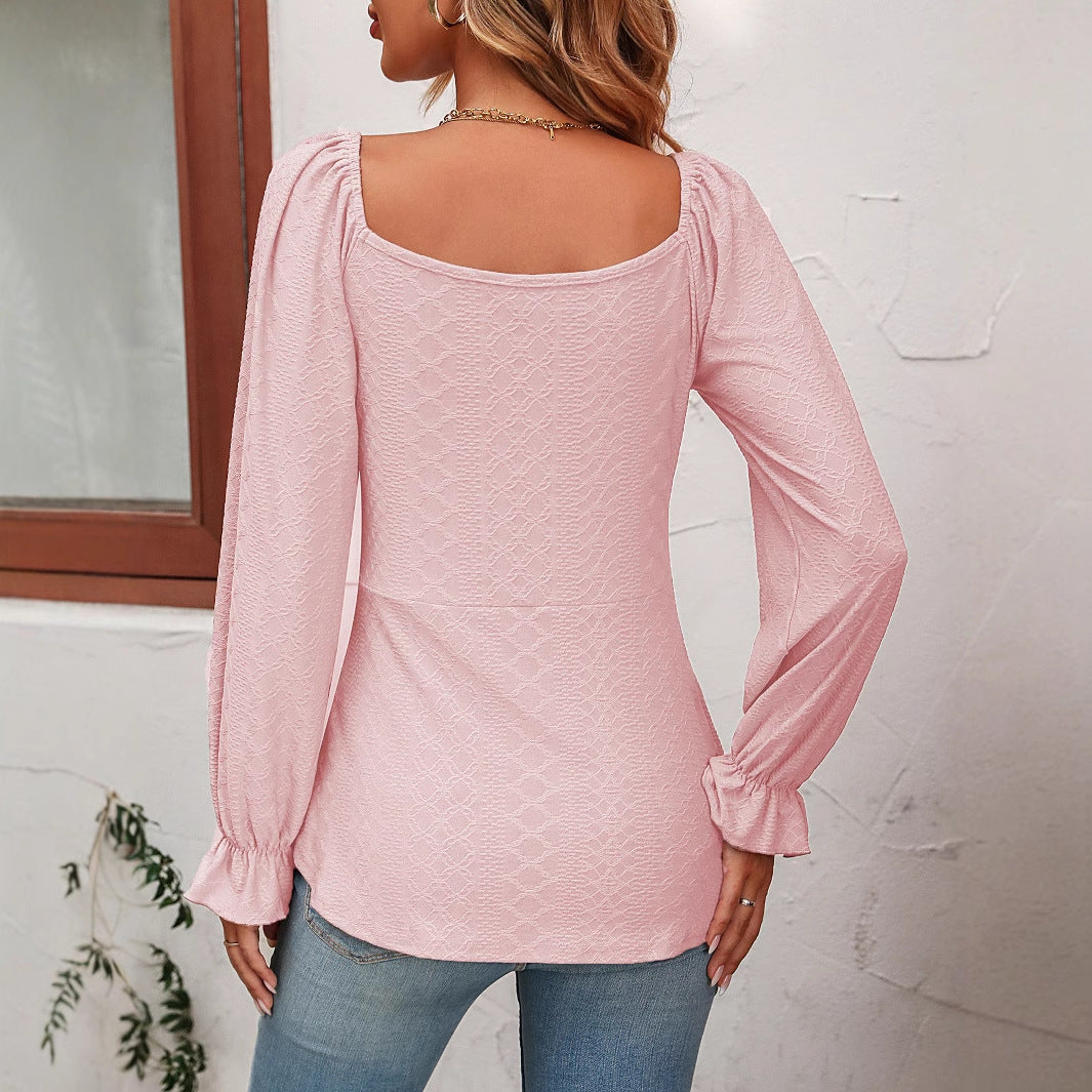 Elegante T-shirt da donna a maniche lunghe con orlo regolabile, scollo a palloncino e snood alla moda in tessuto testurizzato