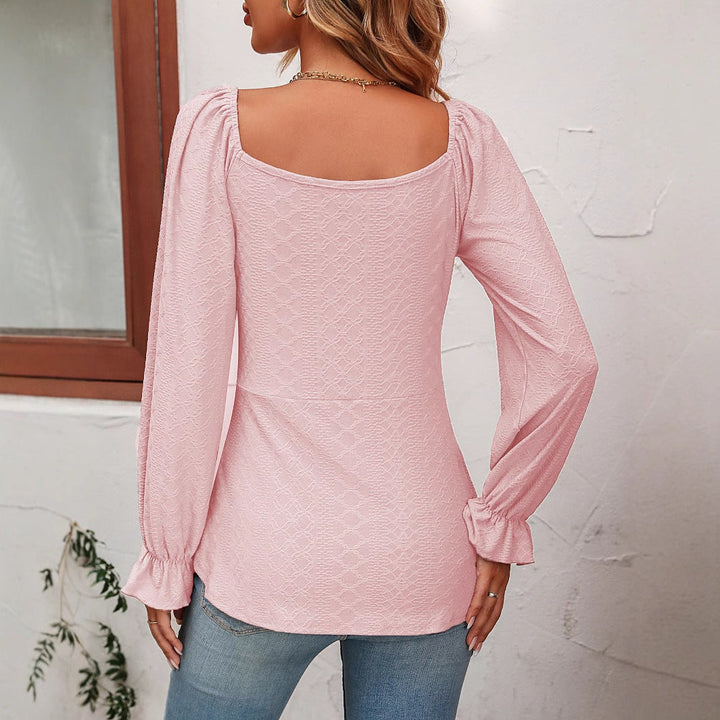 Elegante T-shirt da donna a maniche lunghe con orlo regolabile, scollo a palloncino e snood alla moda in tessuto testurizzato