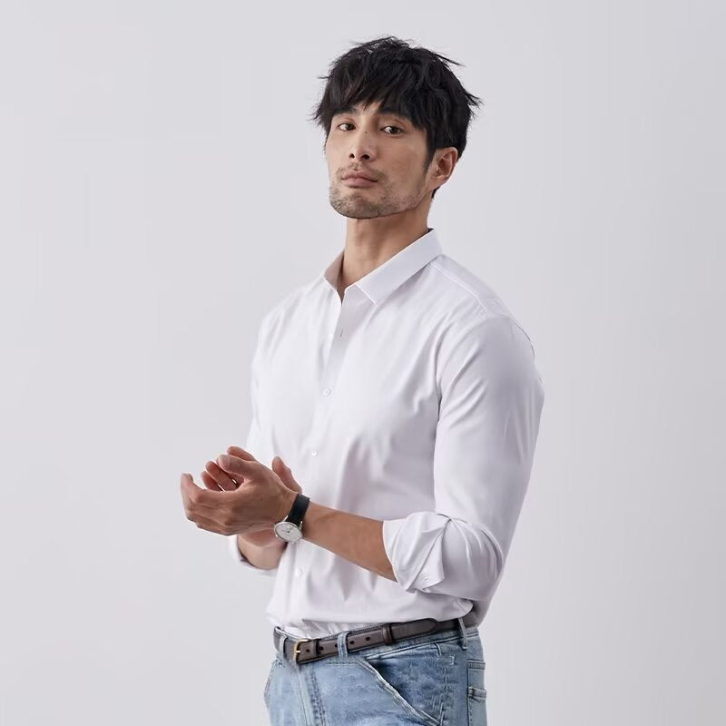 Elegante camicia da uomo Coupe Slim con texture in soia sintetica e maniche lunghe con bottoni - ideale per il business casual