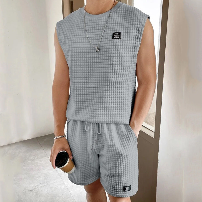 Set da uomo in maille gaufrée - Comodo top e pantaloncini senza maniche per tutti i giorni