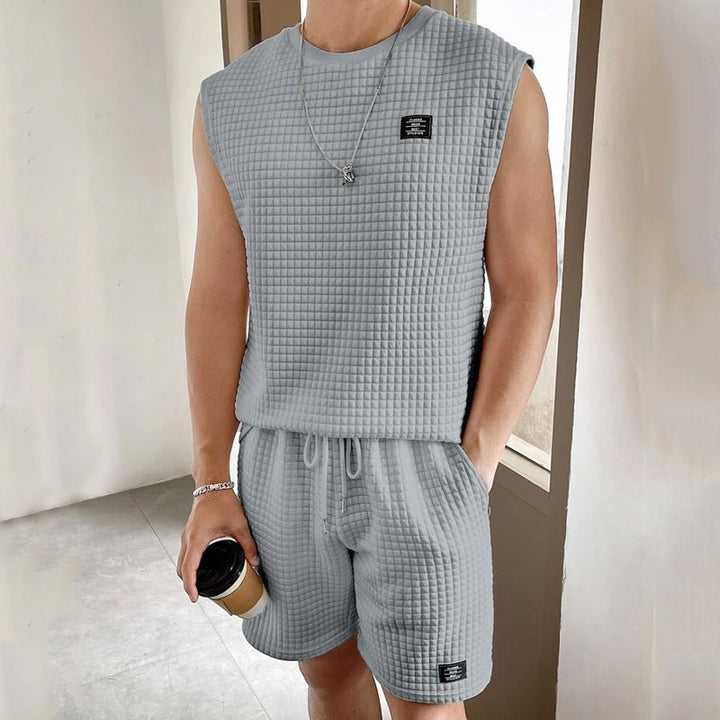 Set da uomo in maille gaufrée - Comodo top e pantaloncini senza maniche per tutti i giorni