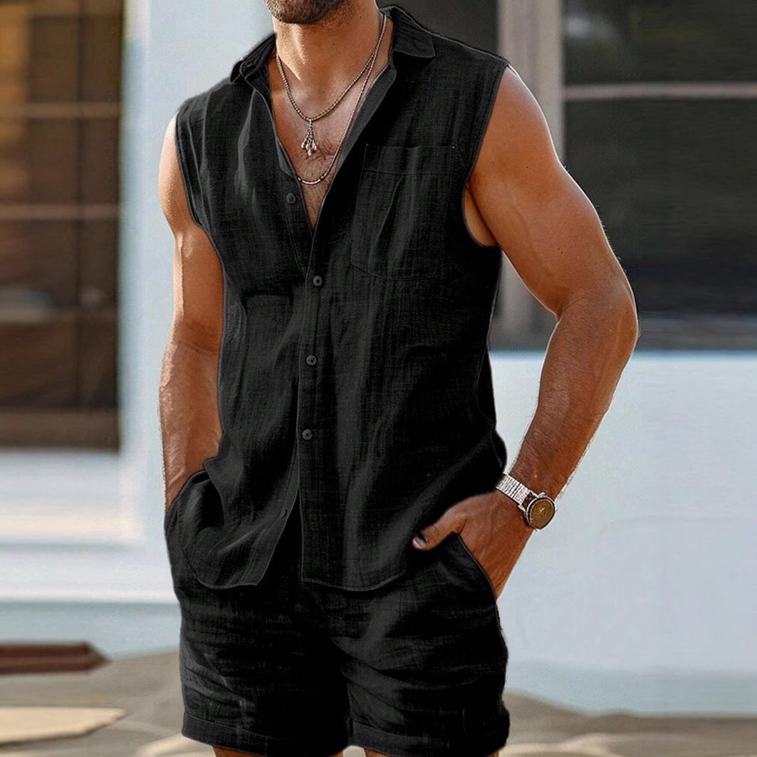 Set di t-shirt e pantaloncini da uomo Coton et Lin - stile rilassato, casual con bottoni