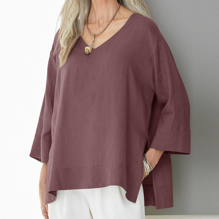 Top elegante con décolleté a V per donna - Melange Coton Lin, ampio taglio, maniche a 3/4, dettagli delle maniche laterali