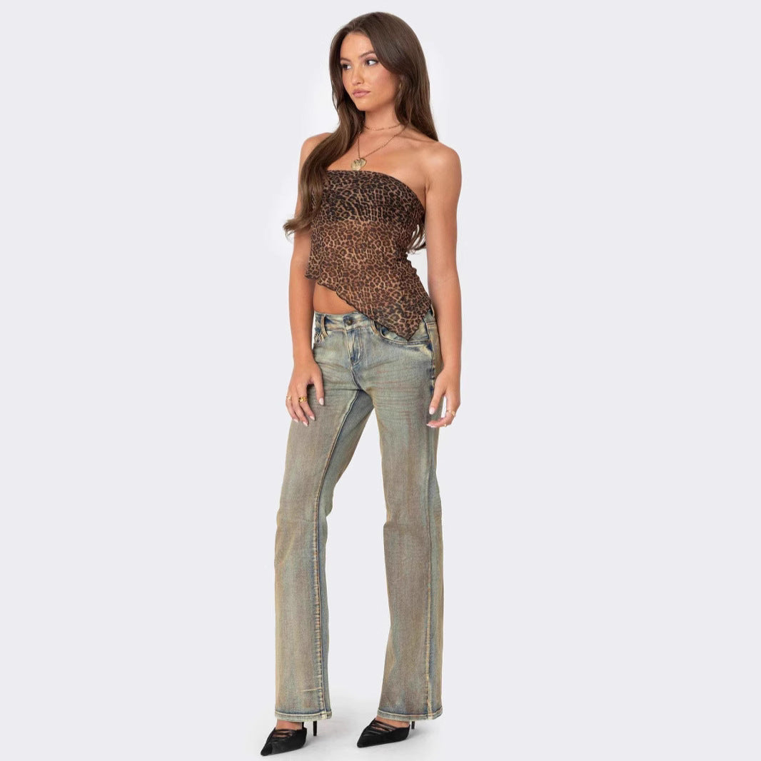 Top da donna con stampa animalier, regolazione a soffitto, senza tiranti e collo asimmetrico per un look elegante