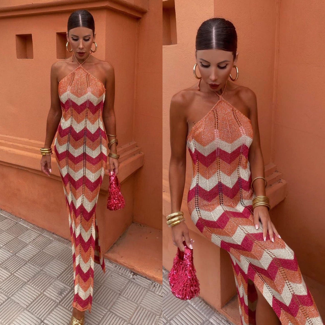 Maxi vestaglia da donna alla moda con mezzo dolcevita ed energico motivo a zig-zag - senza maniche, a vita alta per un look elegante