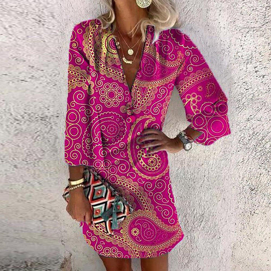 Elegante vestido mini per donna con stampa paisley, chiusura a portafoglio, spacco a V e manici a 3/4 per un look sofisticato