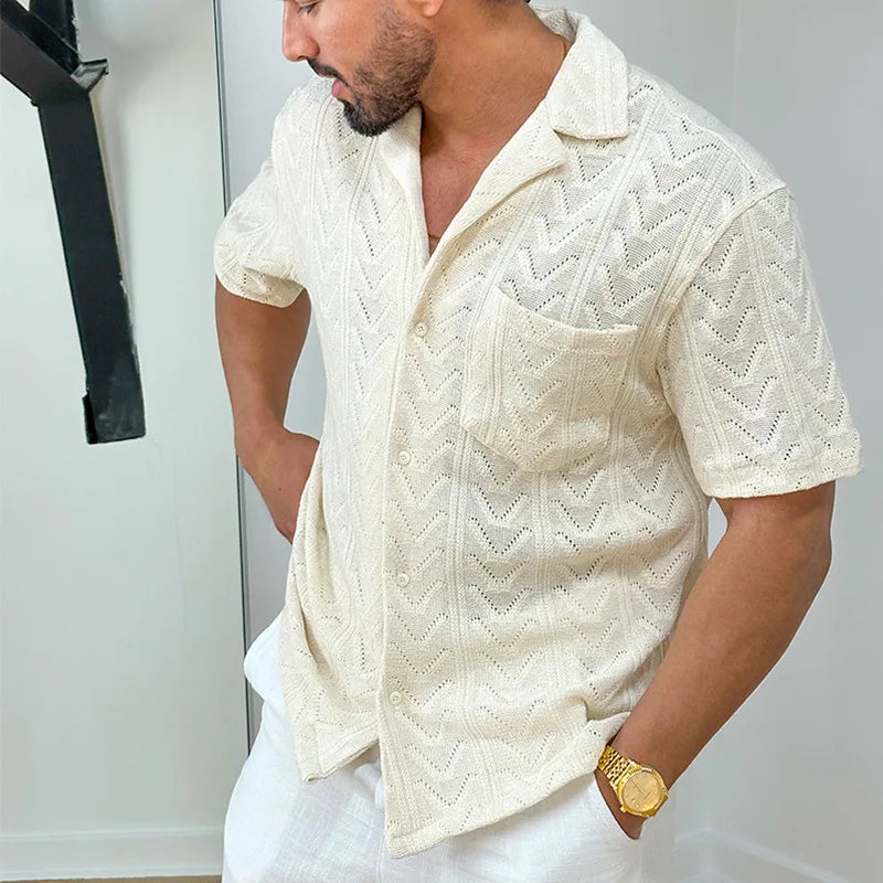 Camicia da uomo elegante in maglia jacquard - comoda vestibilità ampia, maniche corte e colletto casual per un look unico