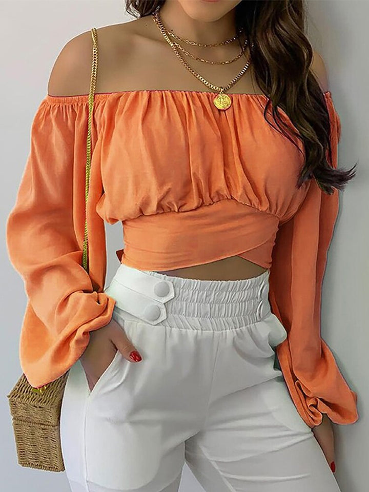 Camiseta feminina ombro a ombro com mangas bufantes longas e tecido leve e elástico para máximo conforto