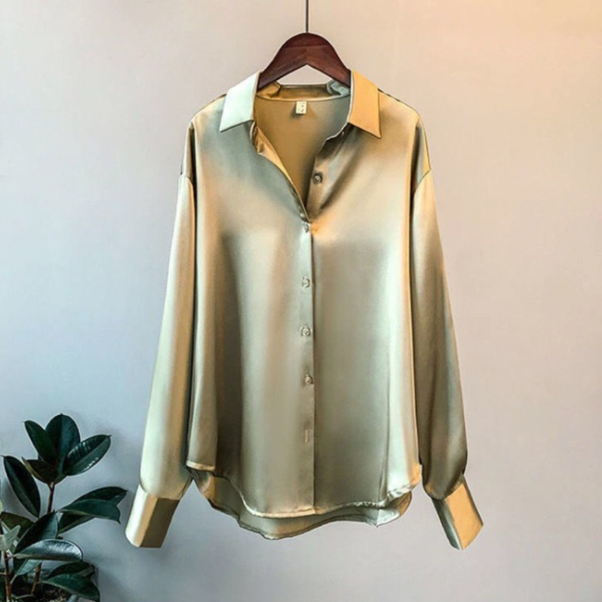 Sofisticata blusa in raso con maniche lunghe e colletto classico - eleganza quotidiana