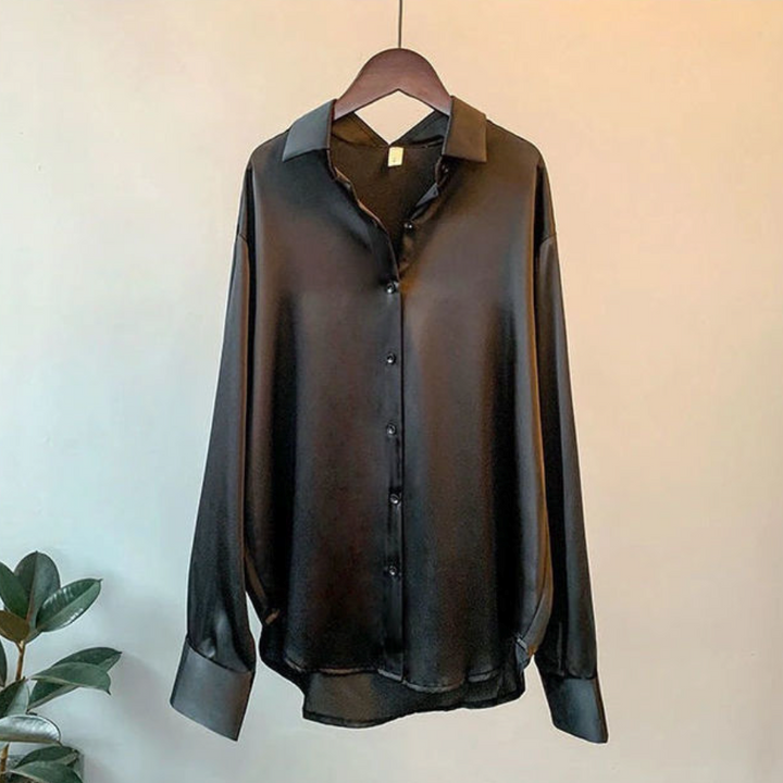 Sofisticata blusa in raso con maniche lunghe e colletto classico - eleganza quotidiana