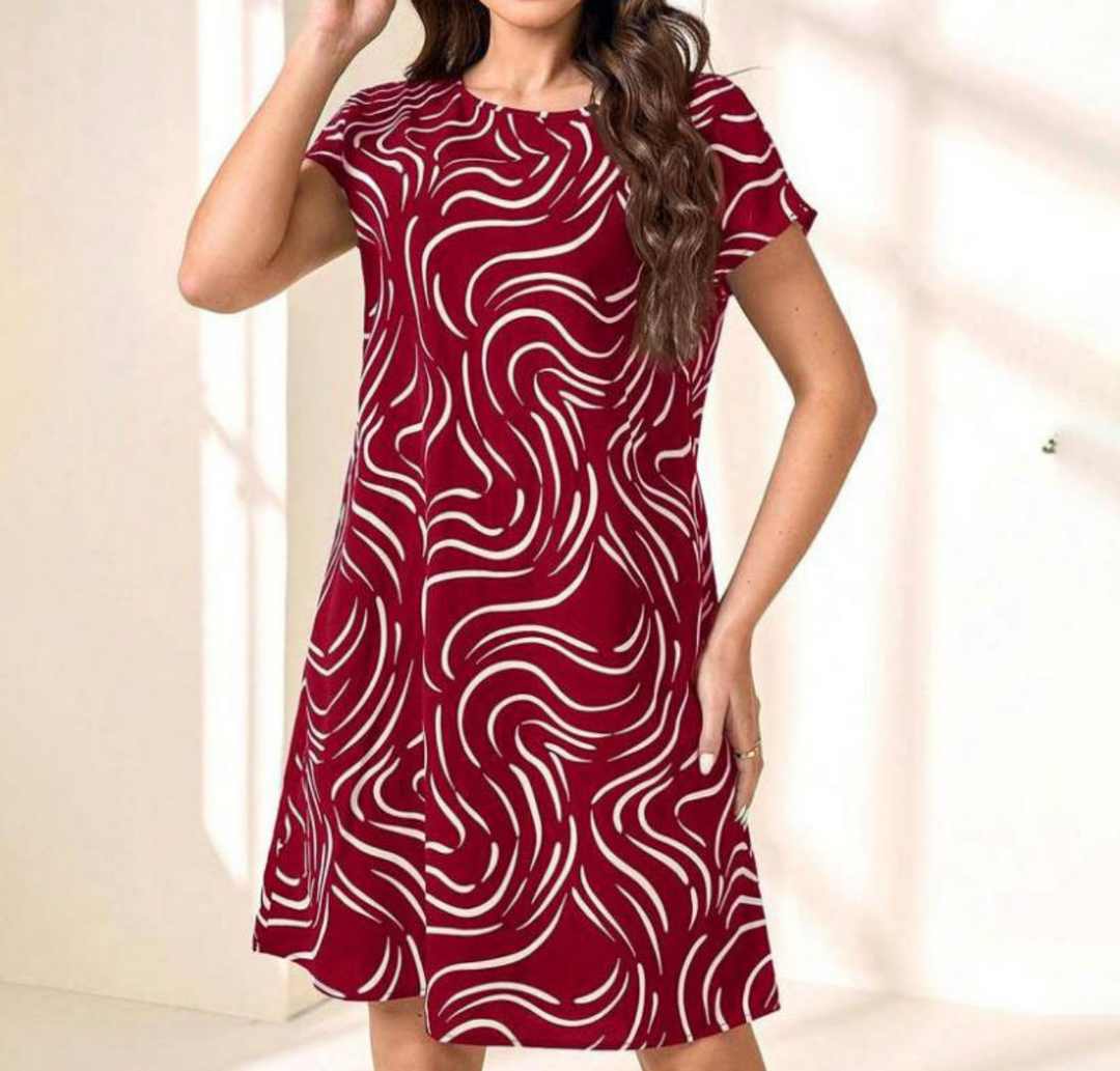Robe A-Line pour Femmes - Col Rond - Manches Courtes - Imprimé Abstrait - Légère et Confortable