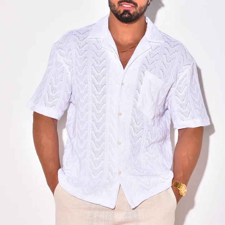 Camicia da uomo elegante in maglia jacquard - comoda vestibilità ampia, maniche corte e colletto casual per un look unico
