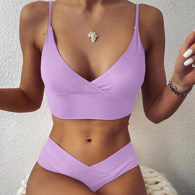 Elegante completo di bikini con push-up di cintura alta e volant per donne