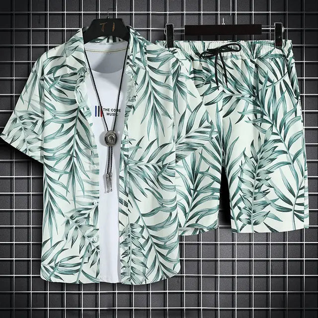 Elegante set da uomo con motivo tropicale, camicia button-down e pantaloni eleganti