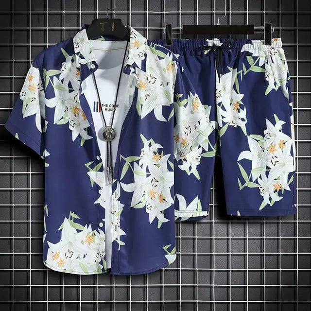 Elegante set da uomo con motivo tropicale, camicia button-down e pantaloni eleganti