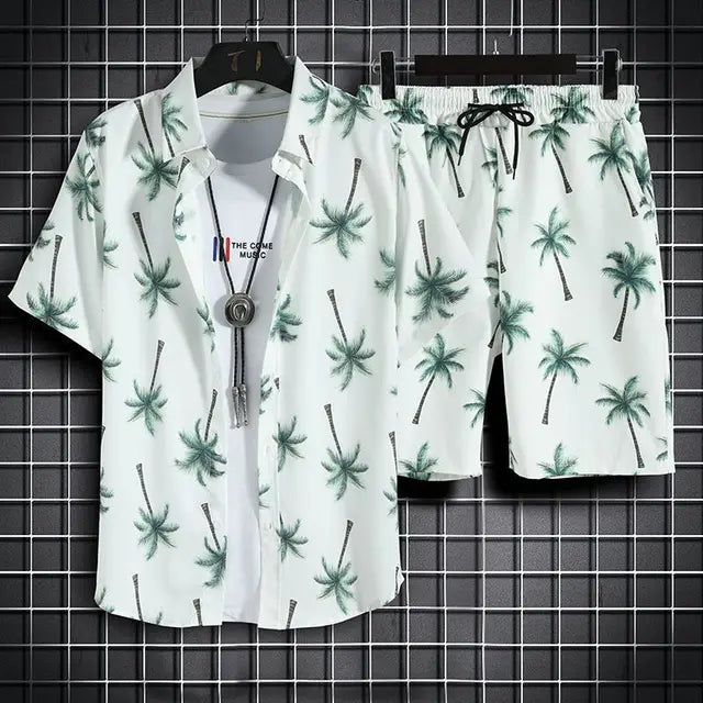 Elegante set da uomo con motivo tropicale, camicia button-down e pantaloni eleganti