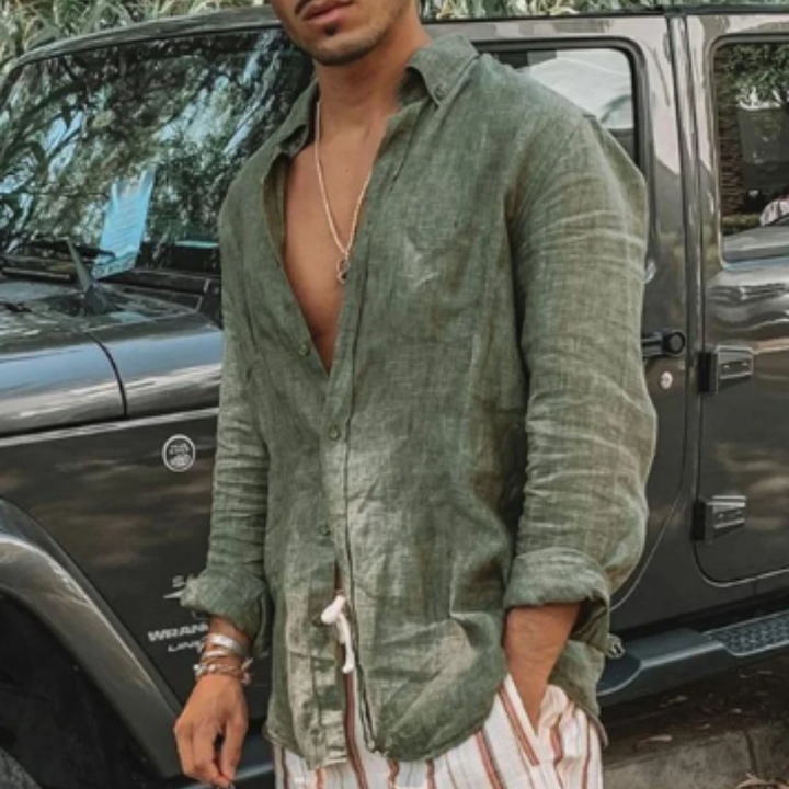 Camicia Uomo in Lino Confortevole a Maniche Lunghe, Colletto Alto, Abbigliamento Casual Naturale e Traspirante