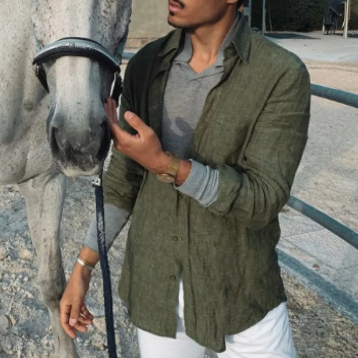 Camicia Uomo in Lino Confortevole a Maniche Lunghe, Colletto Alto, Abbigliamento Casual Naturale e Traspirante