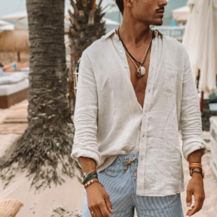 Camicia Uomo in Lino Confortevole a Maniche Lunghe, Colletto Alto, Abbigliamento Casual Naturale e Traspirante