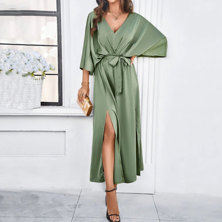 Elegante abito midi con scollatura a punta per matrimoni e feste estive