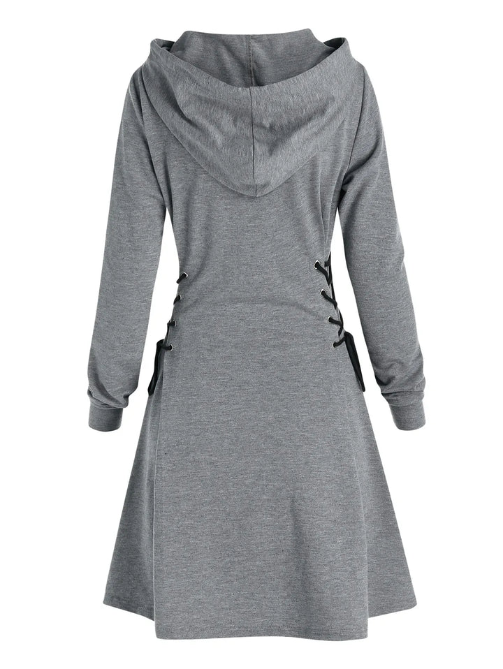 Elegante miniabito da donna con cappuccio dal taglio rilassato ad A con allacciatura laterale e maniche lunghe.