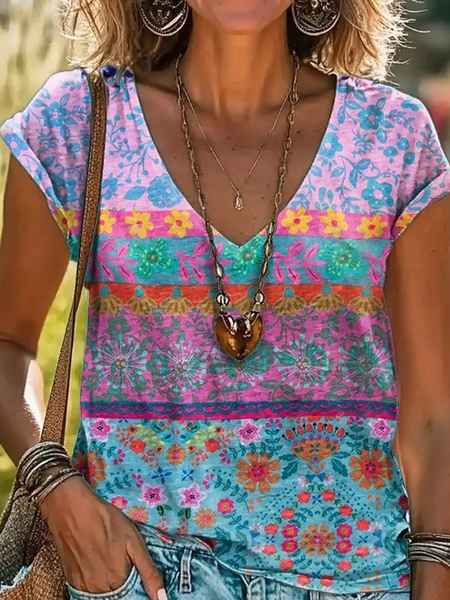 T-shirt casual alla moda con stampa floreale e scollo a V - perfetta per un look fresco ed elegante