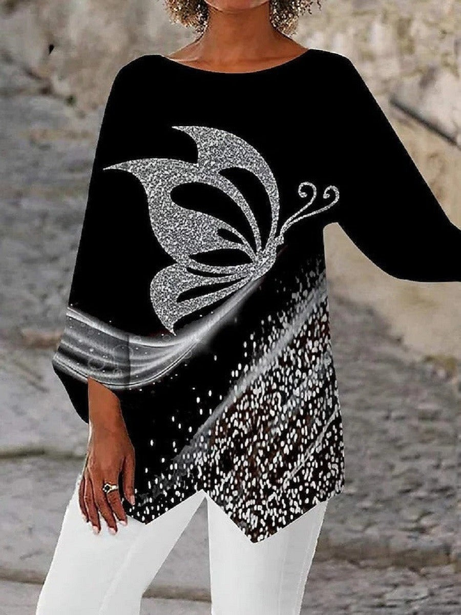 Elegante camicetta casual con attraente stampa a farfalla e comodo scollo rotondo