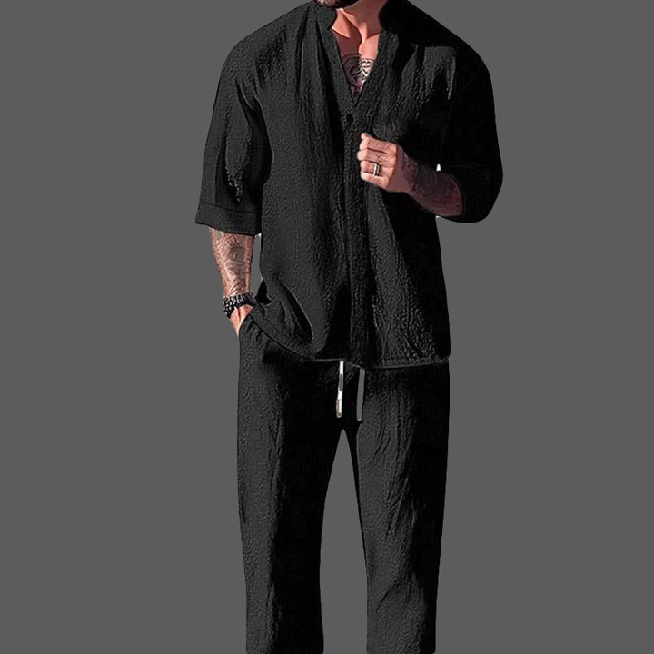 Set uomo Lounge Numérique in lino cotone melange - Elegante collo lungo a punta e comodi pantaloni in velluto a coste