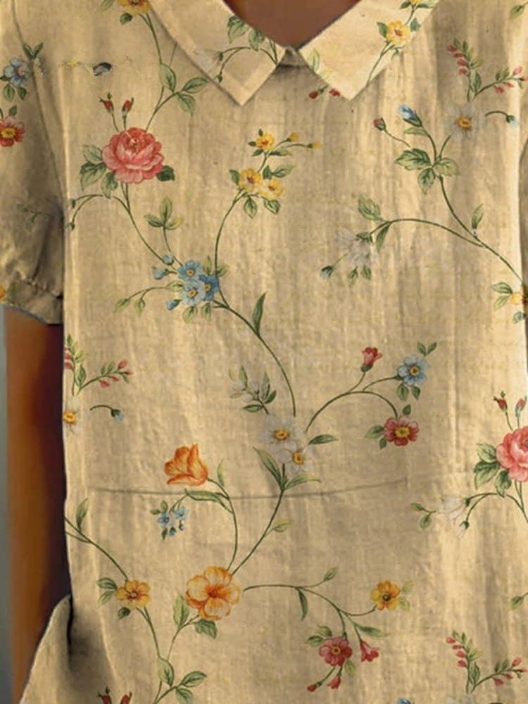 Elegante camicia in cotone retrò con disegno floreale per donna