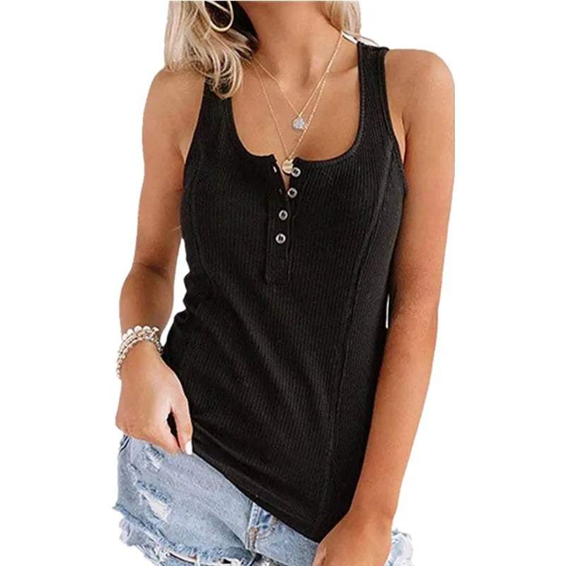 Elegante gilet da donna in maglia a costine con elegante scollatura senza maniche e taglio aderente con bottoni