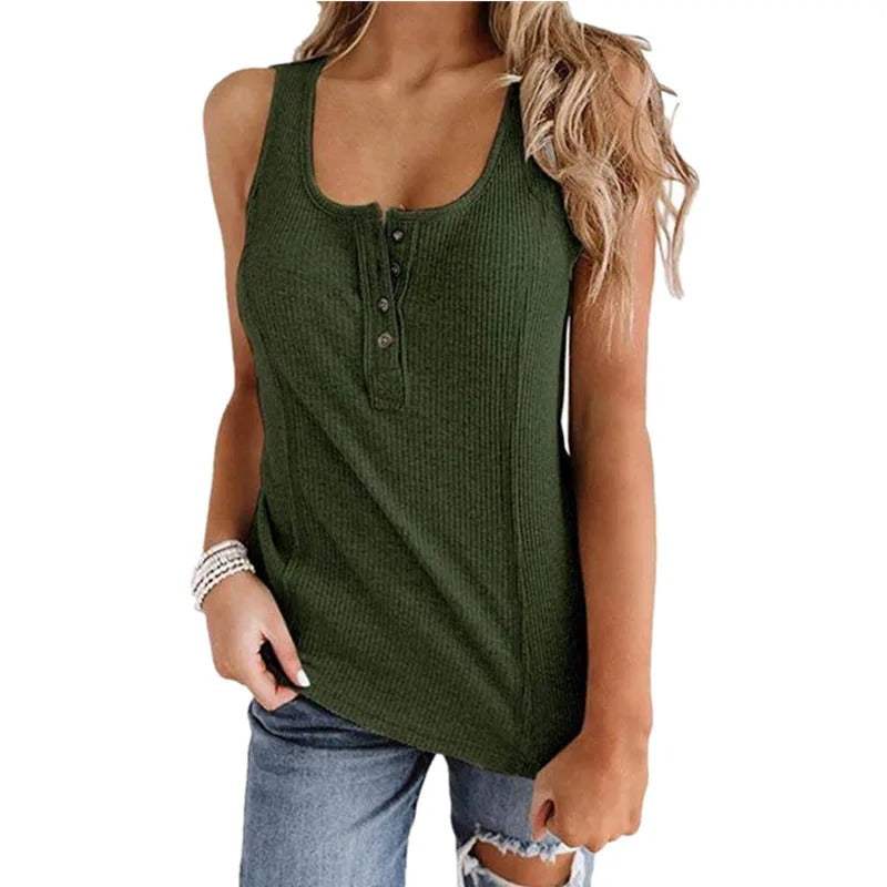 Elegante gilet da donna in maglia a costine con elegante scollatura senza maniche e taglio aderente con bottoni