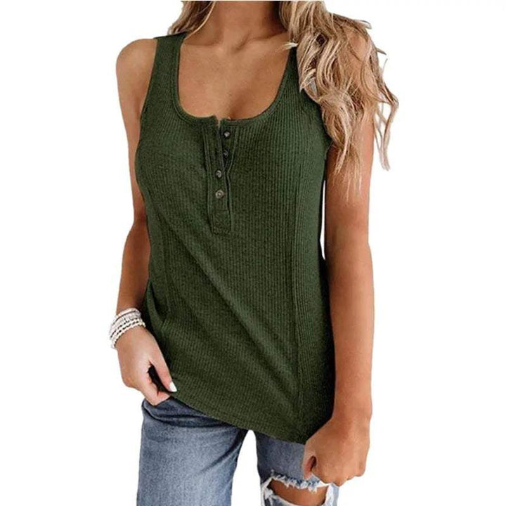Elegante gilet da donna in maglia a costine con elegante scollatura senza maniche e taglio aderente con bottoni
