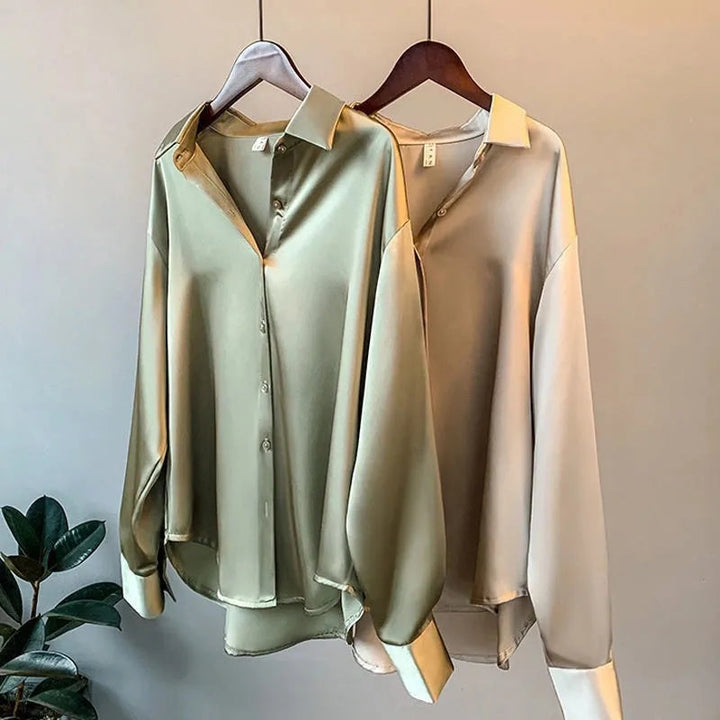 Sofisticata blusa in raso con maniche lunghe e colletto classico - eleganza quotidiana
