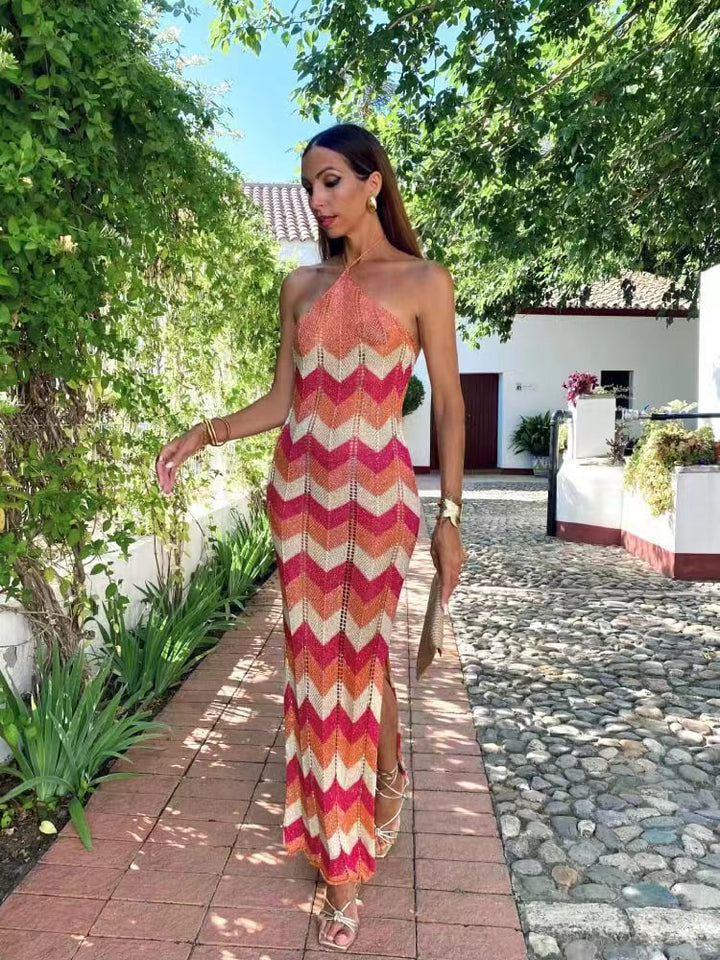Maxi vestaglia da donna alla moda con mezzo dolcevita ed energico motivo a zig-zag - senza maniche, a vita alta per un look elegante