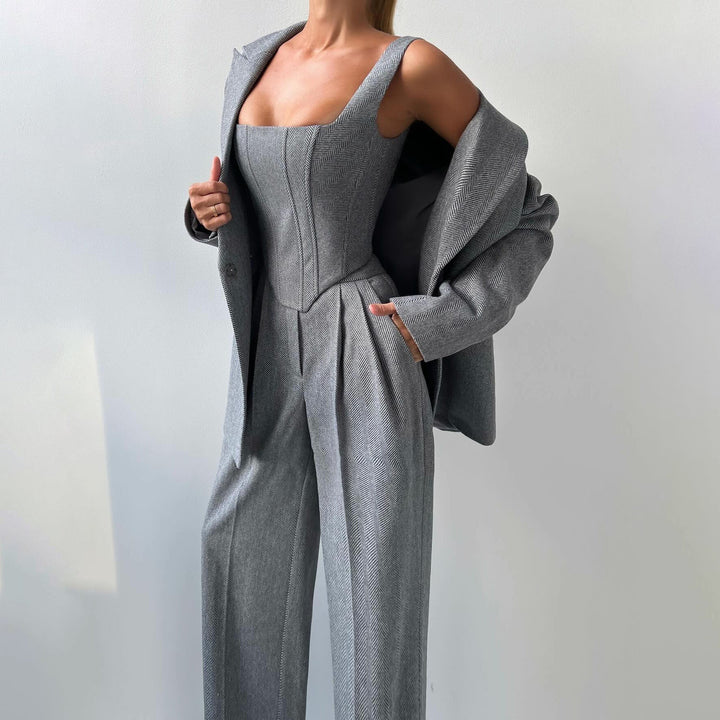Tuta da donna 3 pezzi elegante e alla moda con blazer alla moda, top elegante e comode gambe larghe