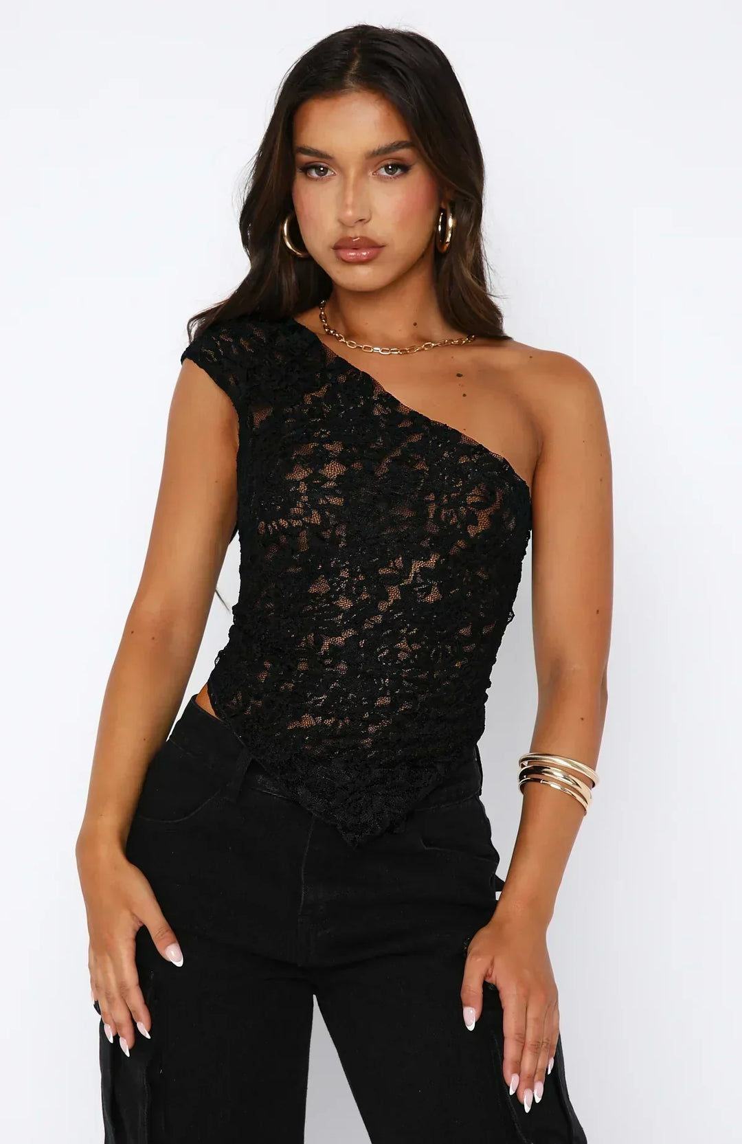 Elegante top monospalla da donna in pizzo con motivo floreale e fondo asimmetrico alla moda